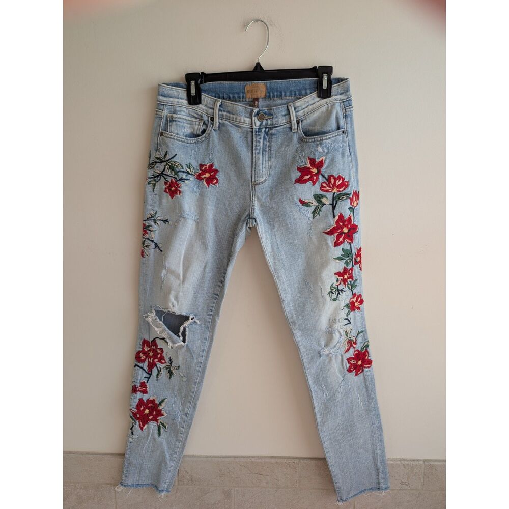 Driftwood Jeans Womens 27 Beau Red Floral Embroidered Distressed Ankle Jeans